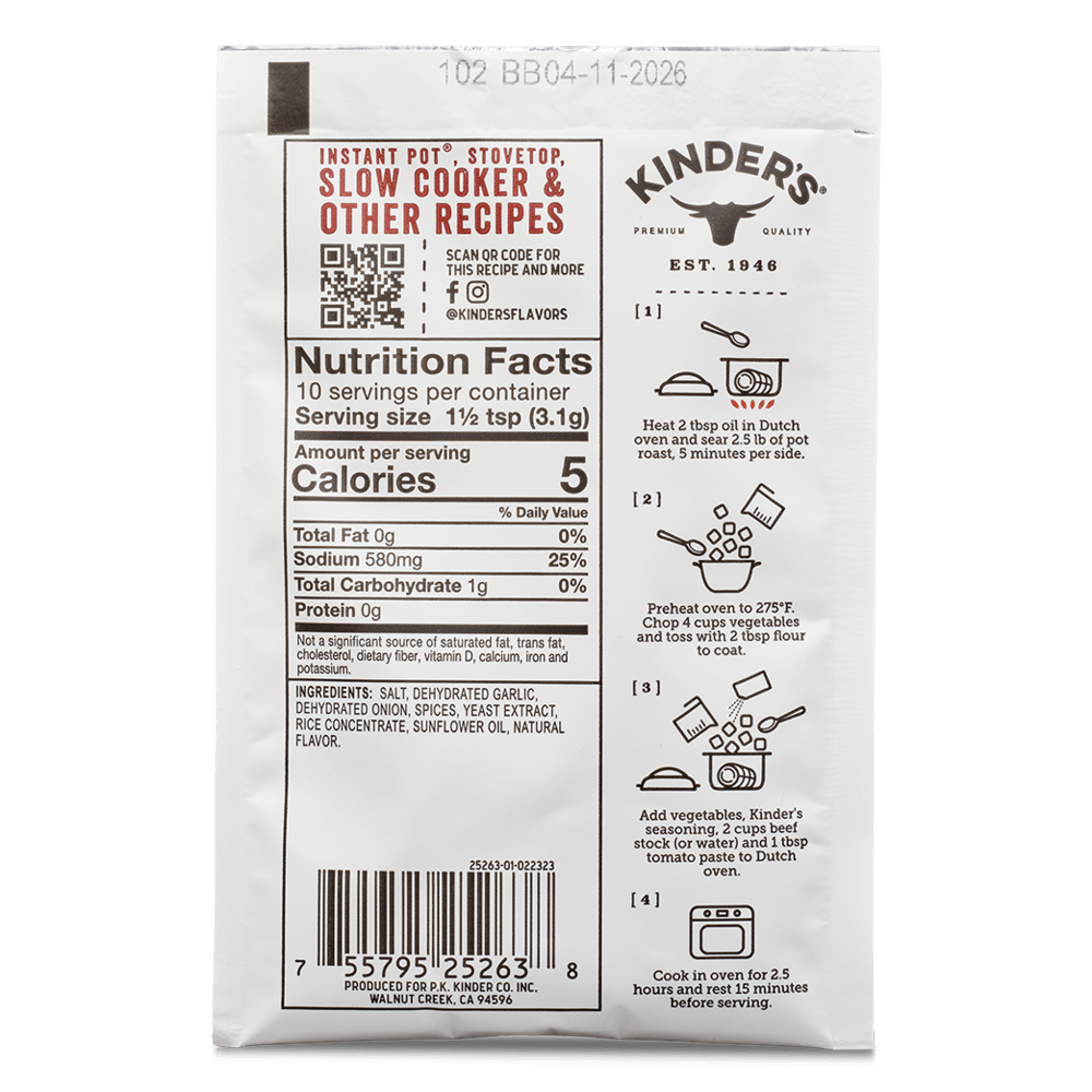 Back of seasoning packet with nutrition facts, ingredients, and cooking instructions.