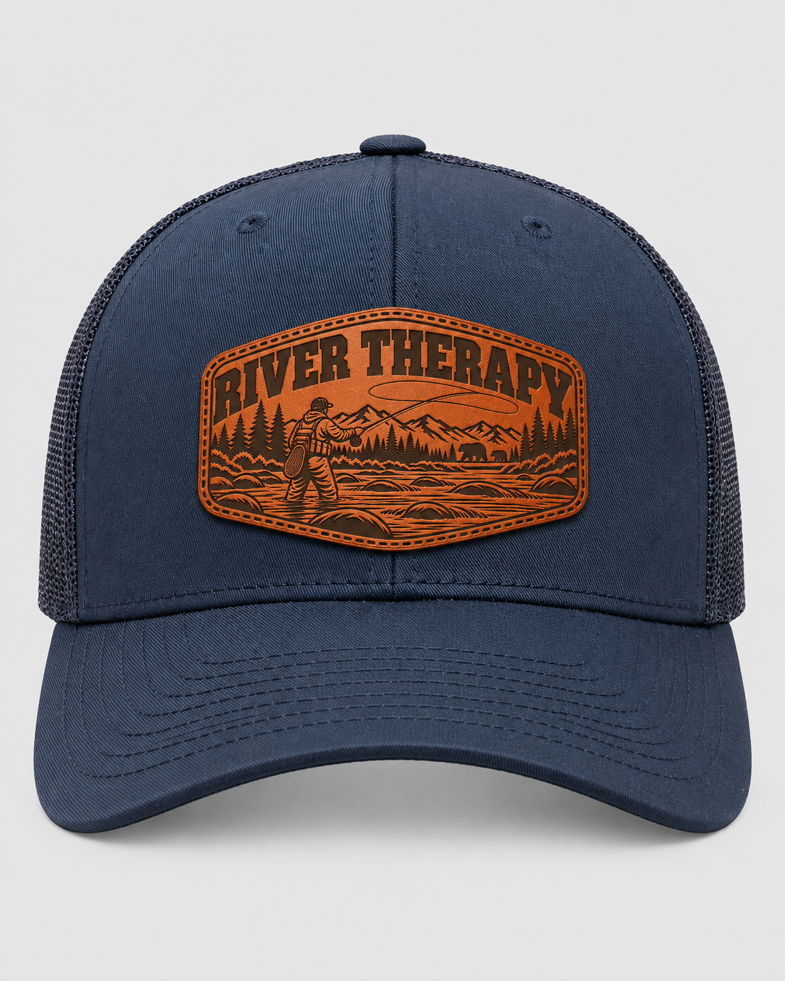 Leapfrog Collective River Therapy fishing trucker hat with fly angler bears and mountain river patch
