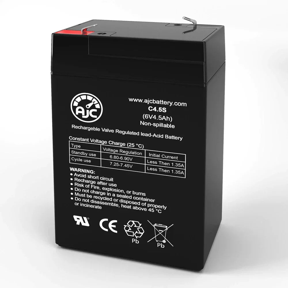 Black AJC C4.5S 6V 4.5Ah rechargeable lead-acid battery with white label details
