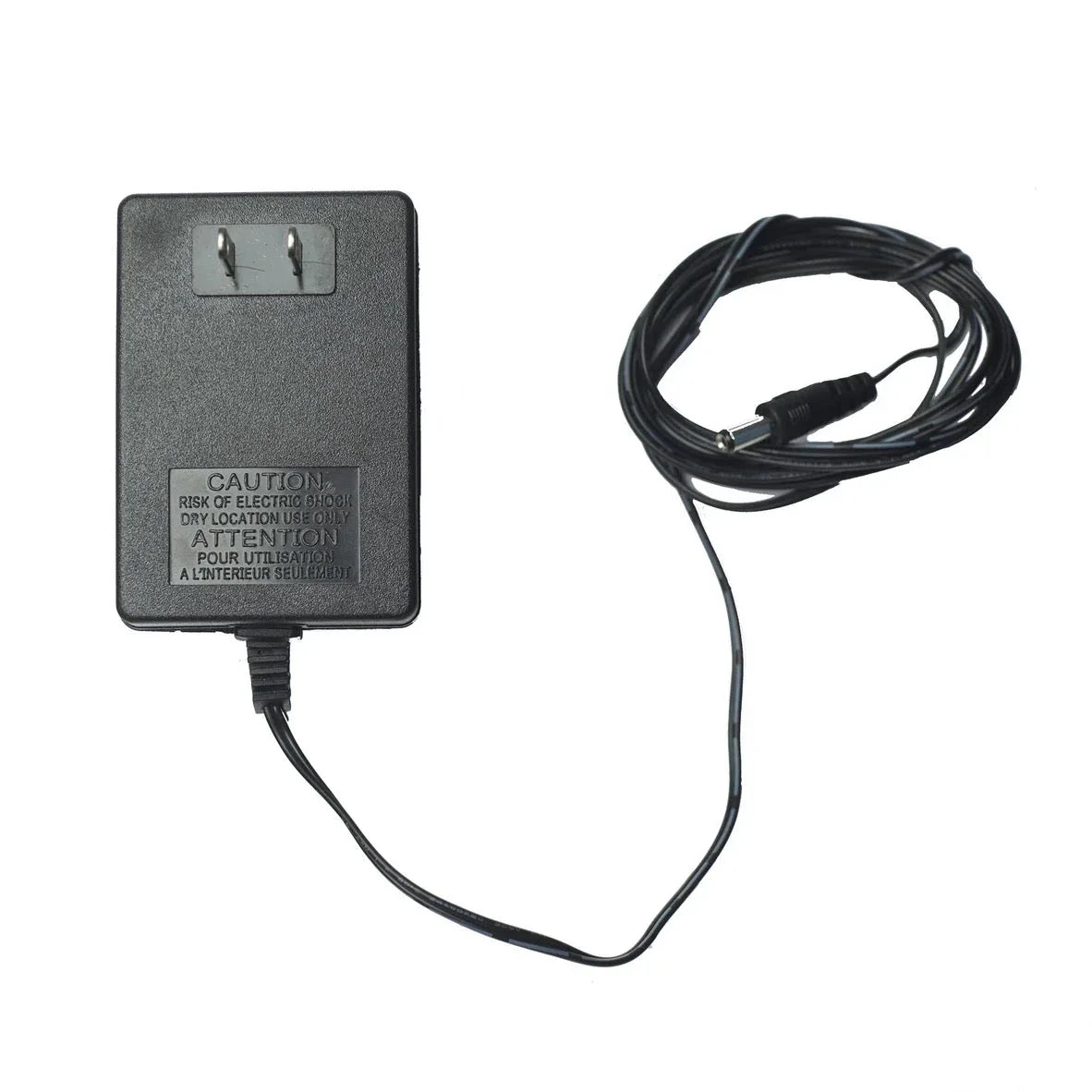 Black AC power adapter with attached cord and plug on white background