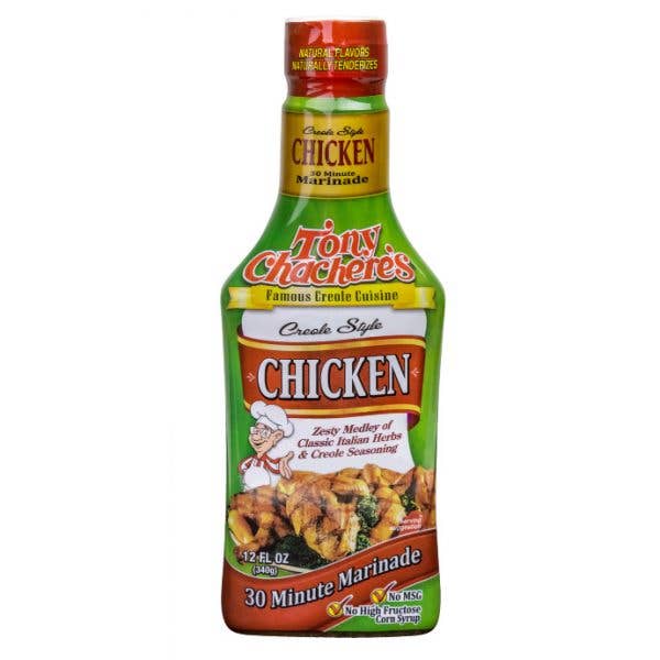 Tony Chachere's creole style chicken marinade bottle, 12 fl oz, green and red label