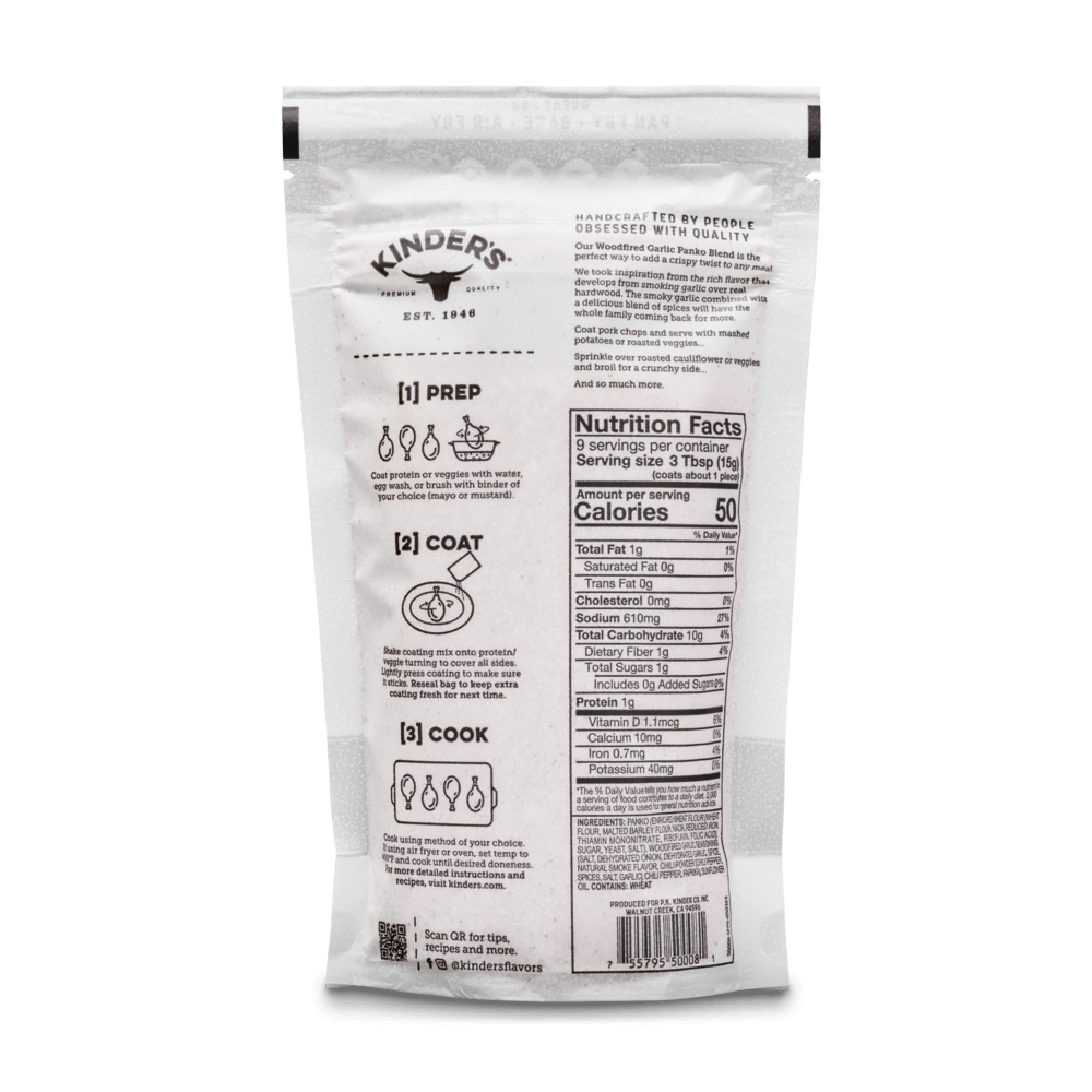 Back of Kinders seasoning packet with instructions and nutrition facts for outdoor cooking