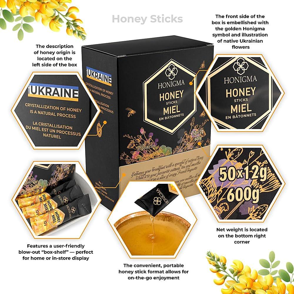 Hutsul Coffee Factory Pure Ukrainian Acacia Honey Sticks Box 600g (50x12g)