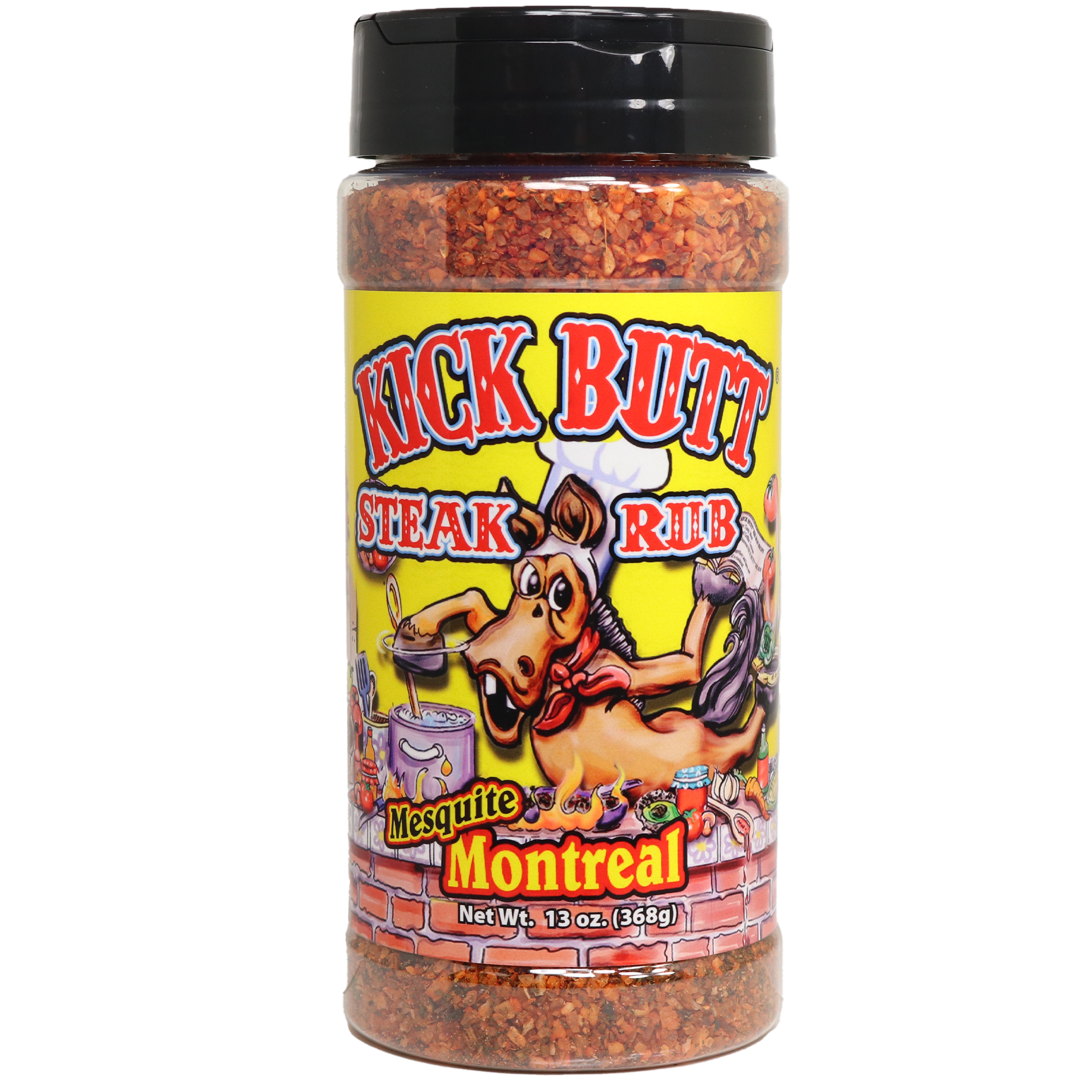 Kick Butt Steak Rub Montreal Mesquite seasoning container with cartoon horse chef