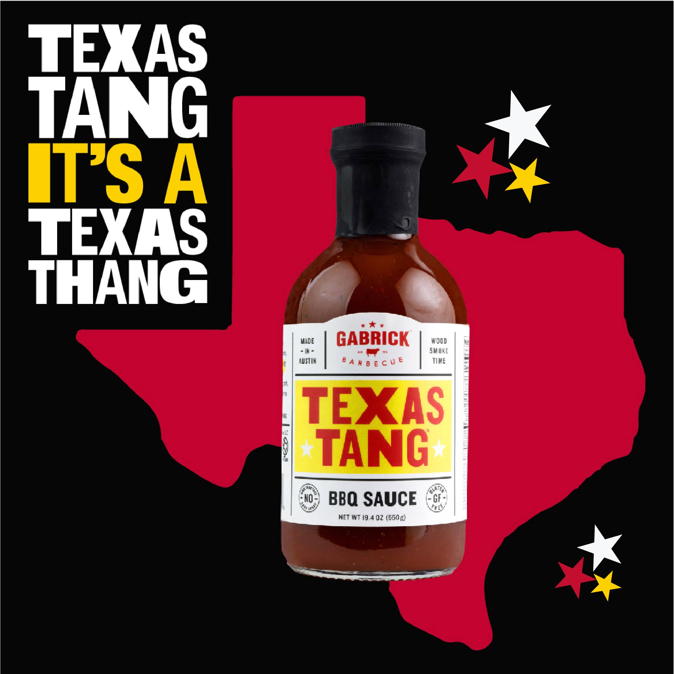 Gabrick Texas Tang BBQ sauce bottle with Texas map and bold Texas-style graphics