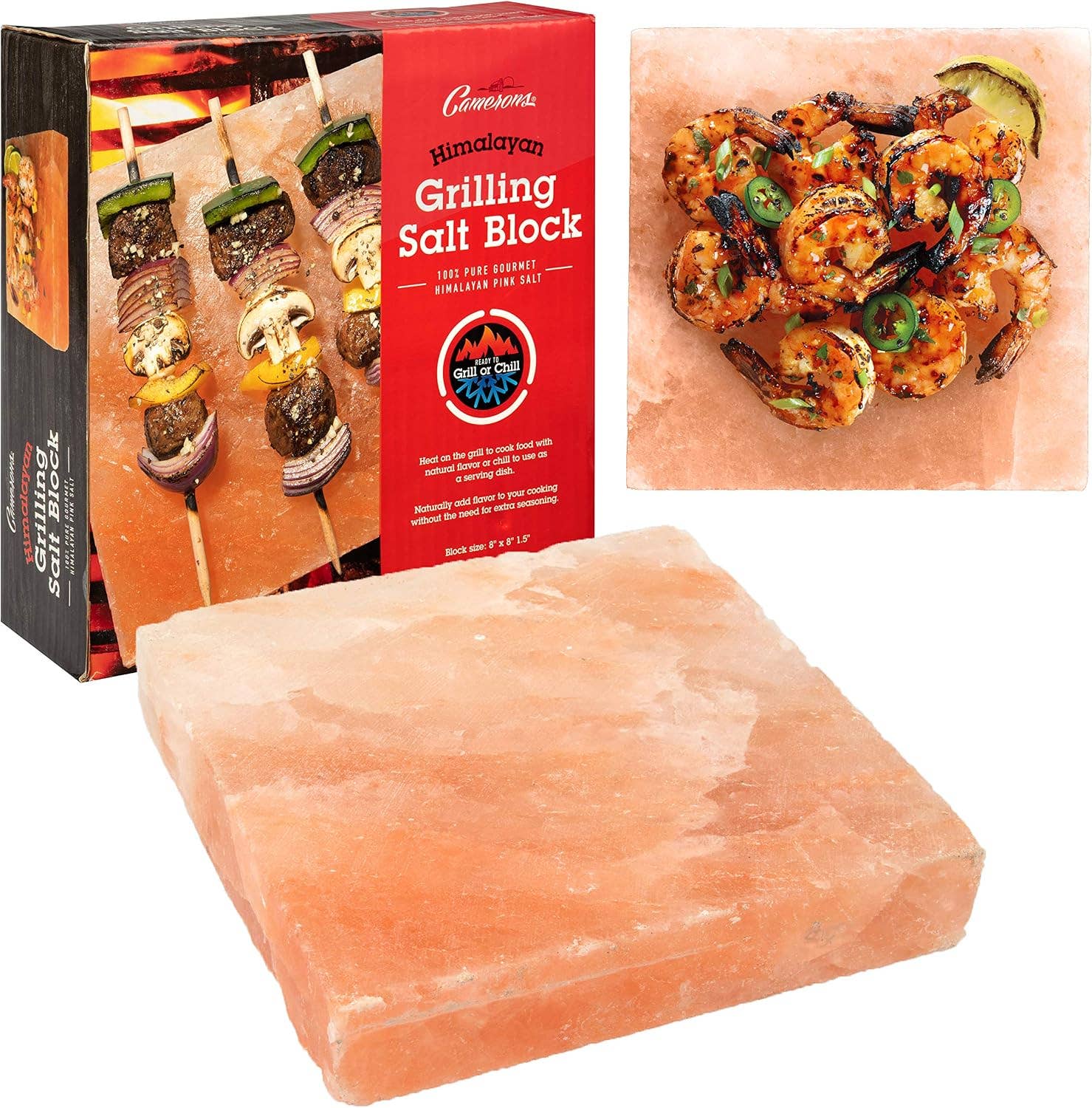 Camerons Himalayan Pink Salt Grilling Slab 8 x 8 x 1.5 inch natural salt block for steak, seafood, vegetables and serving