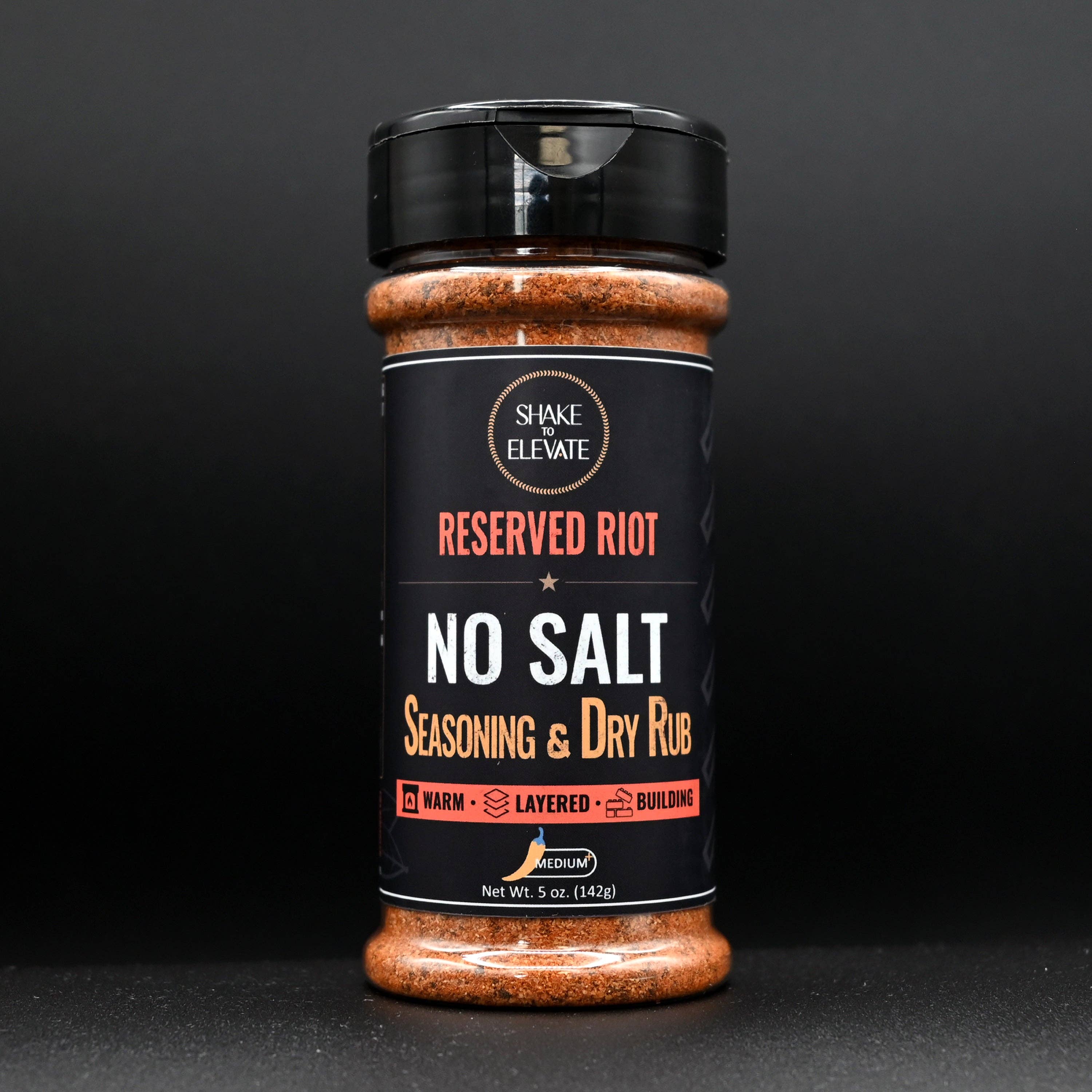 Shake to Elevate Reserved Riot no salt seasoning medium spicy BBQ dry rub with clean all natural ingredients
