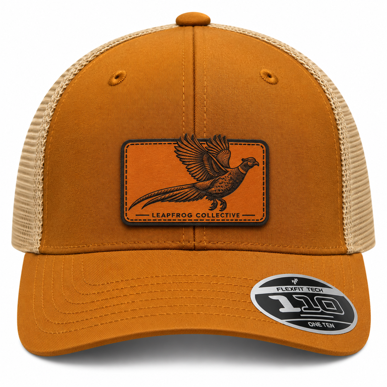 Leapfrog Collective Flying Pheasant leather patch trucker hat in caramel and khaki with breathable mesh back