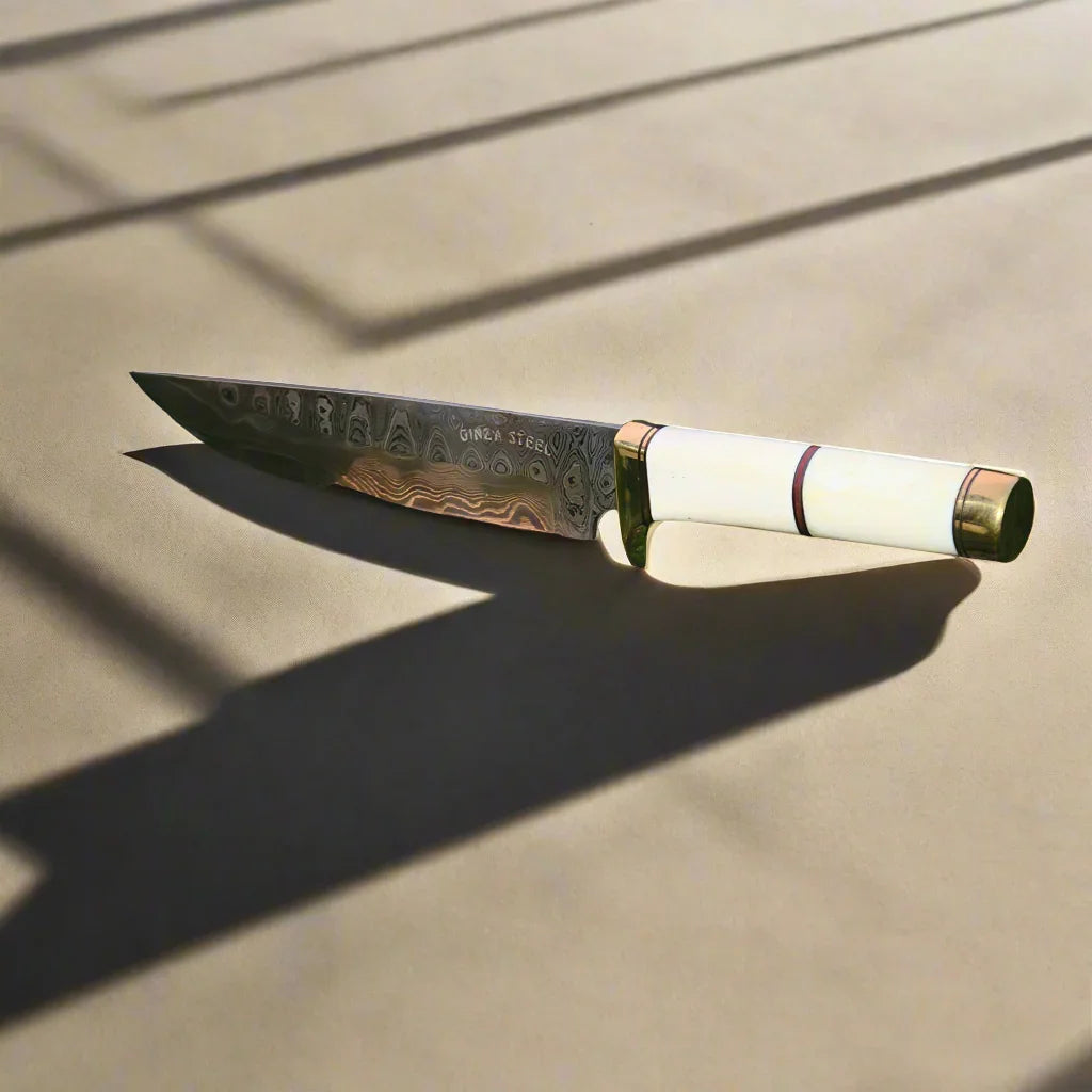 Ginza Steel Haruto Bowie Knife - Camel Bone Handle 7.5 inch with Original leather Sheath