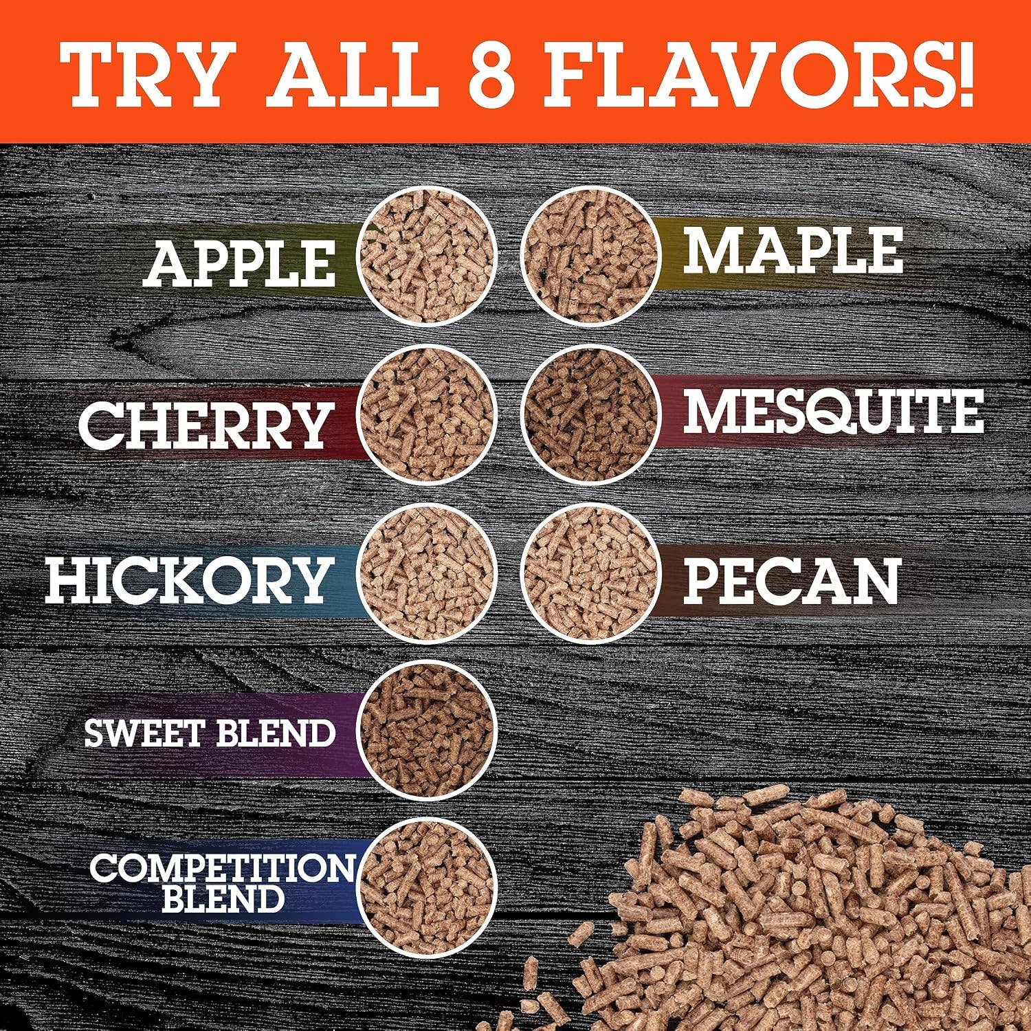 A promotional graphic showing different  pellet flavor options on a dark wood background, with an orange banner at the top reading 'TRY ALL 8 FLAVORS!'. Flavors shown are Apple, Maple, Cherry, Mesquite, Hickory, Pecan, Sweet Blend, and Competition Blend, each paired with a colored label and a circular crop of the pellets.