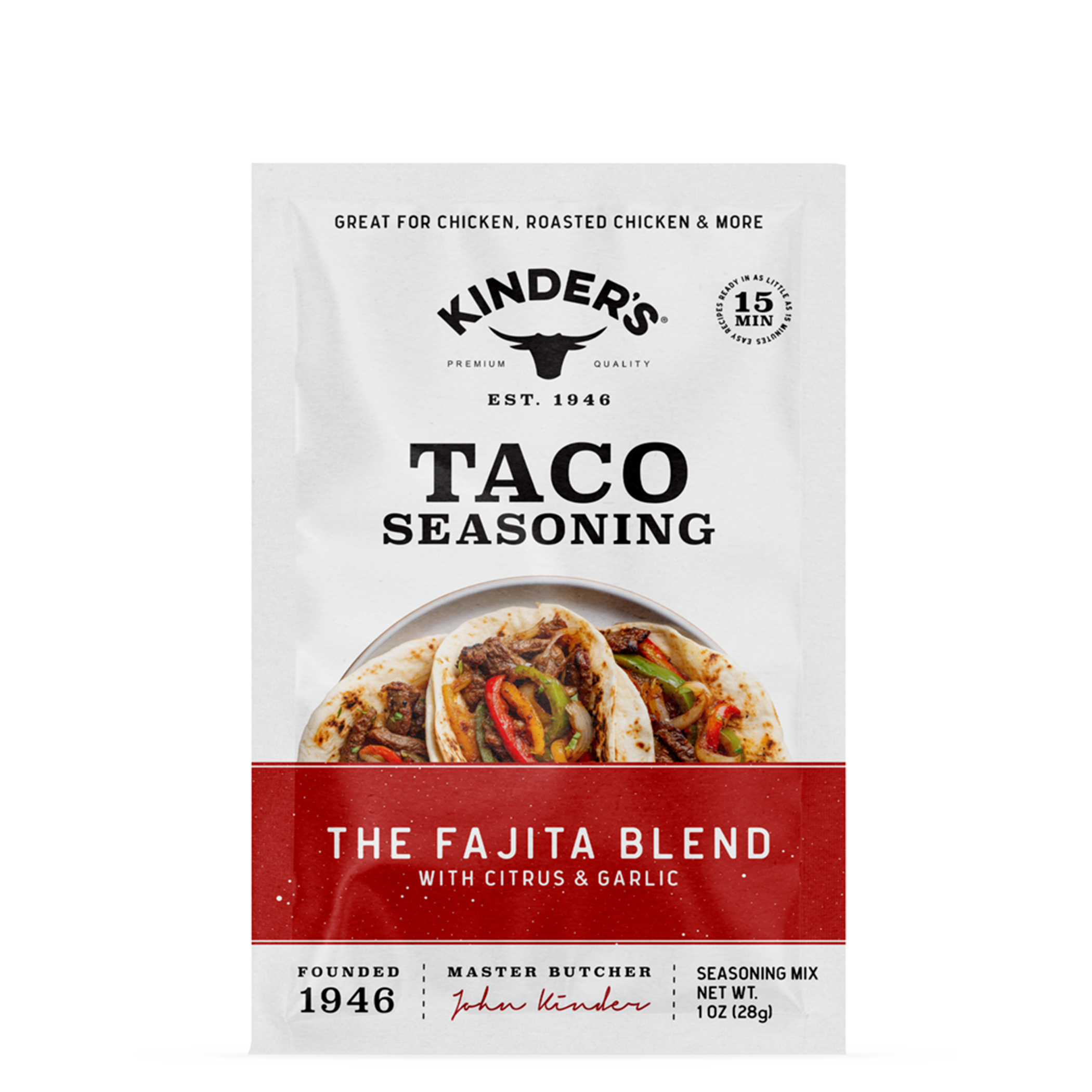 Kinder's Taco Seasoning package for Fajita Blend on a white background