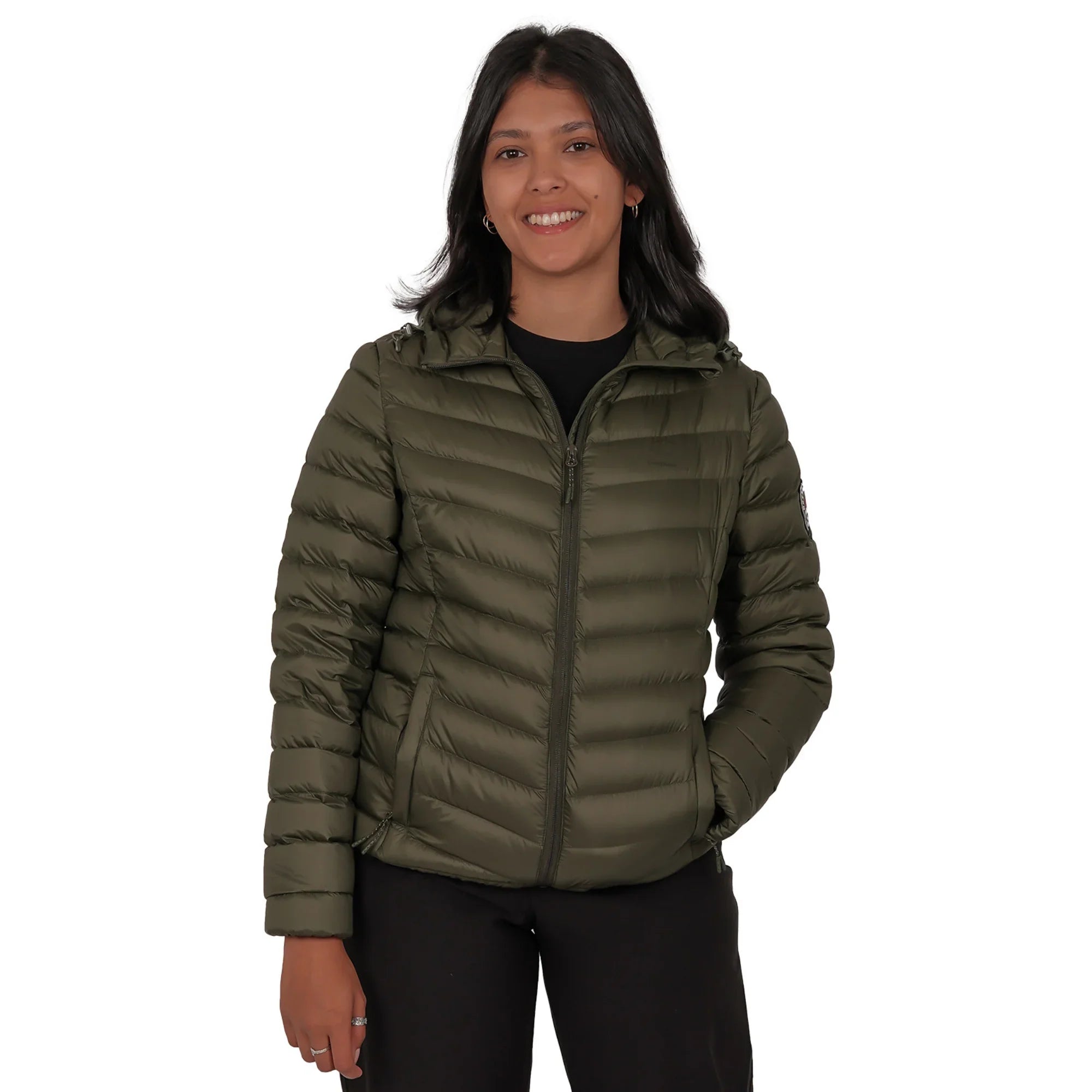 Woman in olive green puffer jacket, smiling, isolated on white background