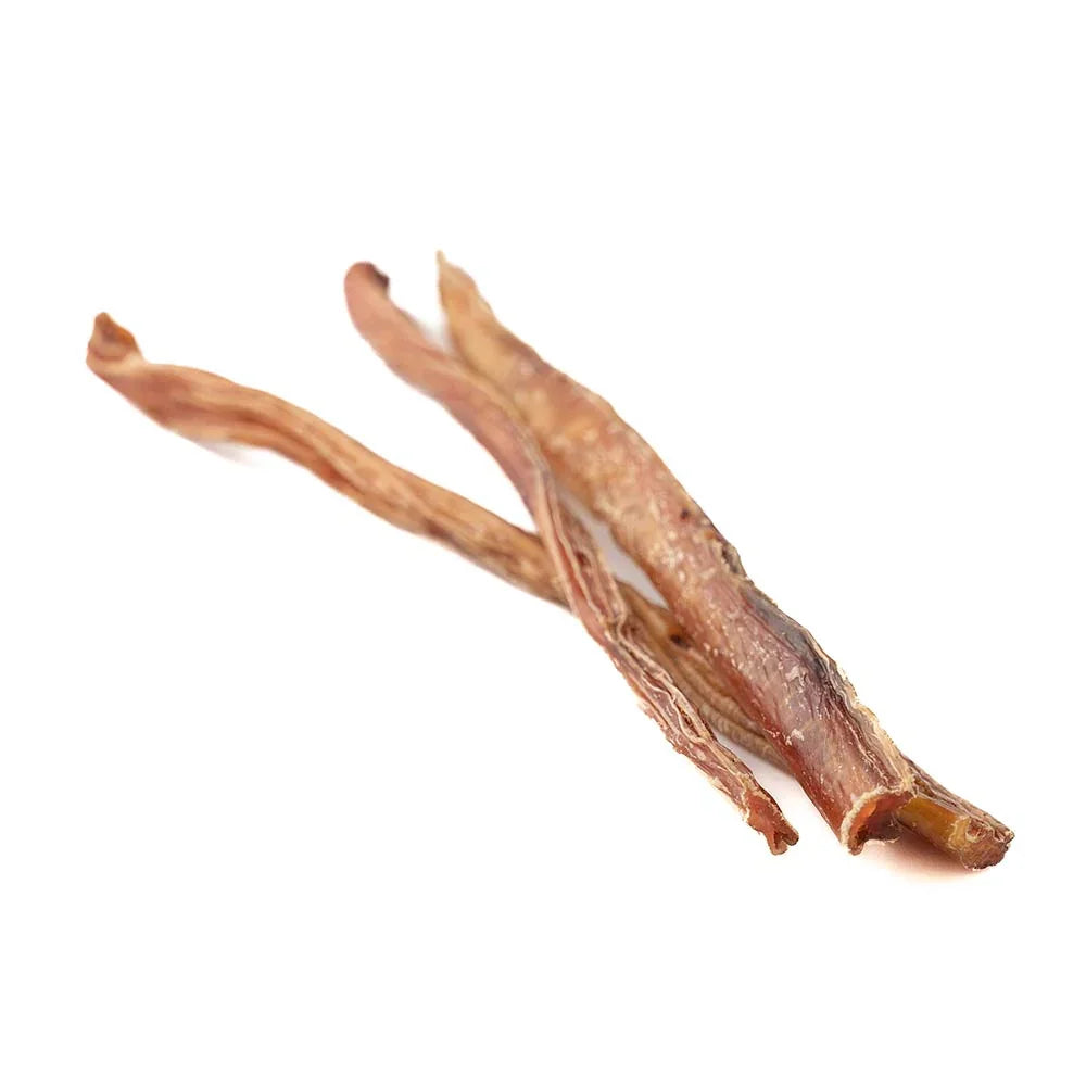 Three dried veal pizzle sticks dog chews on white background
