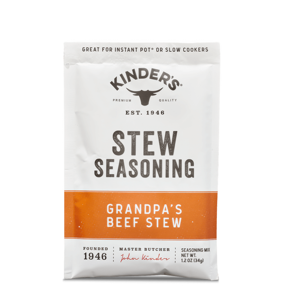 Kinders stew seasoning packet for grandpa's beef stew on a white background
