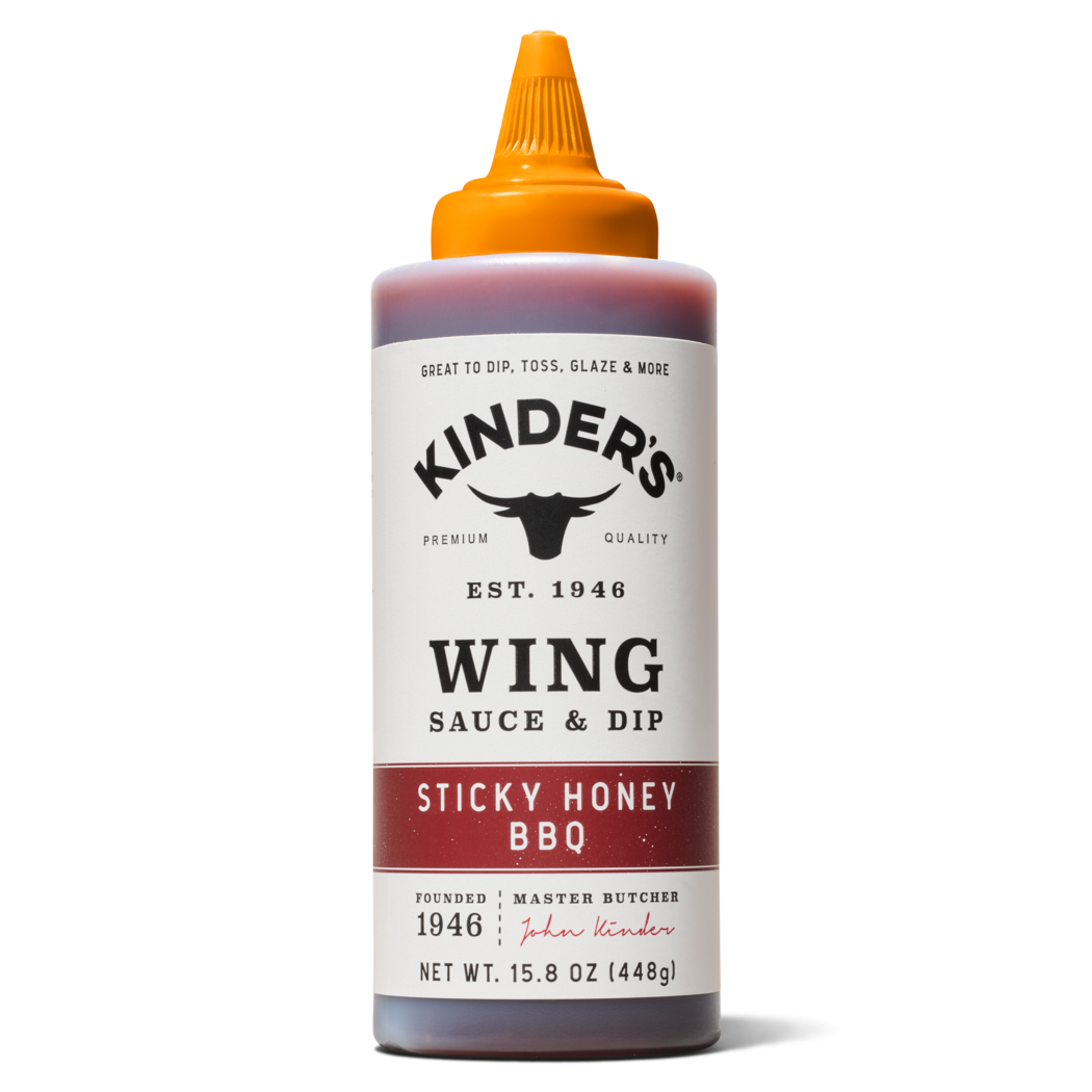 Bottle of Kinder's Wing Sauce & Dip Sticky Honey BBQ on a white background
