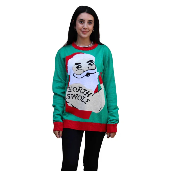 Woman wearing green Christmas sweater with Santa and 'North Swole' text
