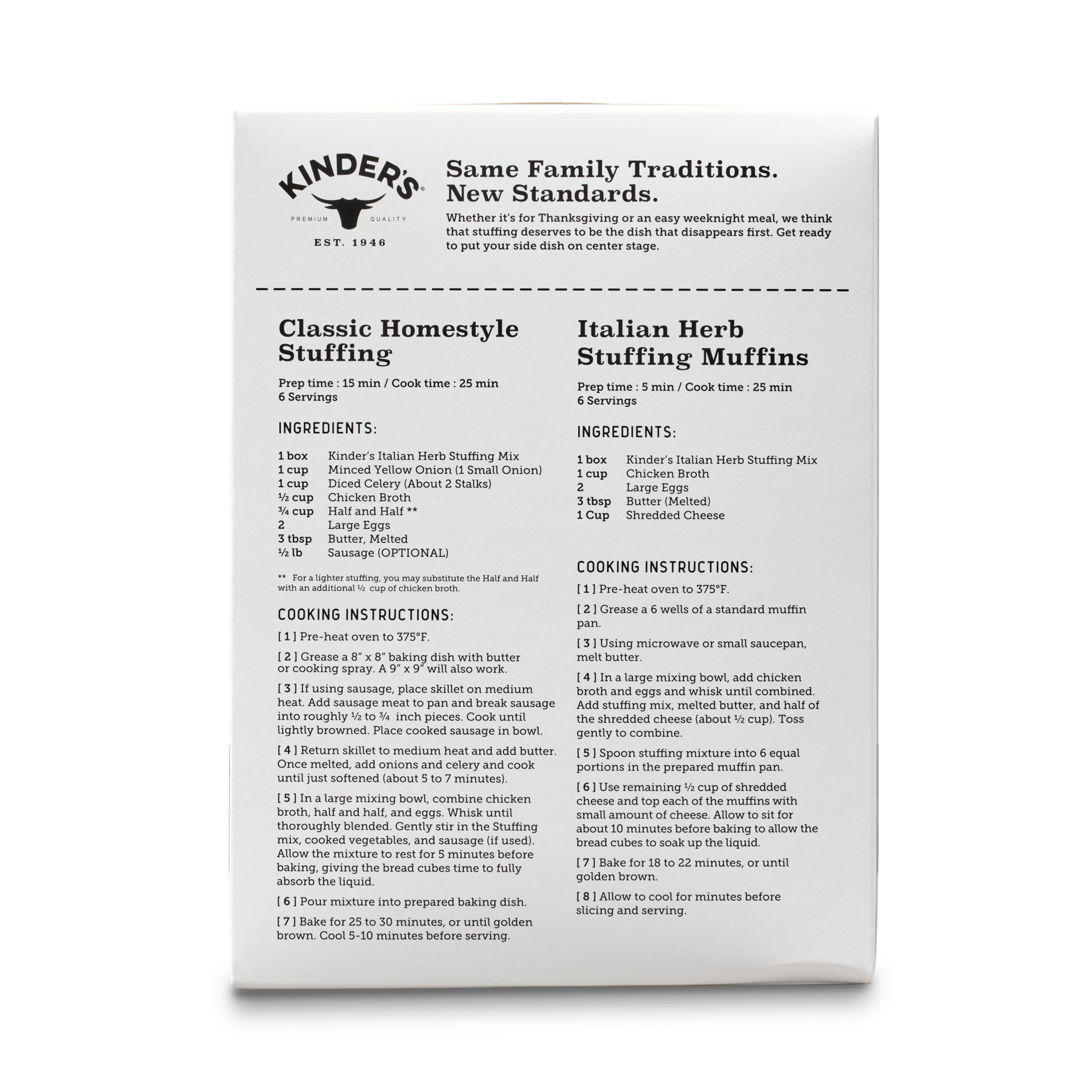 Kinder's recipe card for Classic Homestyle Stuffing and Italian Herb Stuffing Muffins on a white background