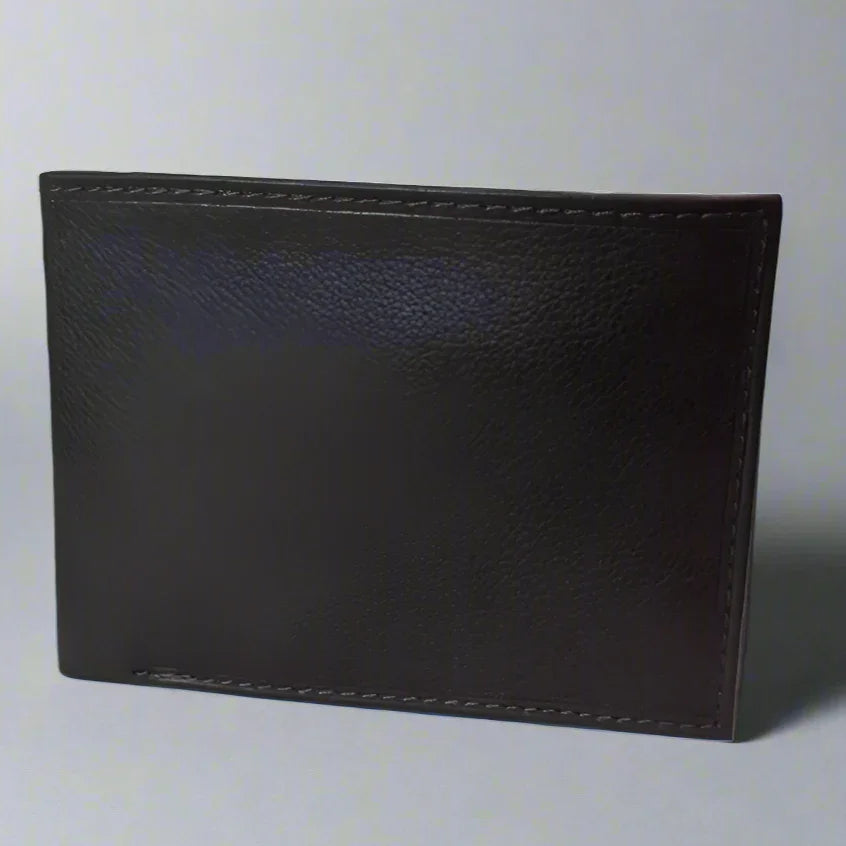 Brown men's bifold leather wallet with visible stitching on a plain background