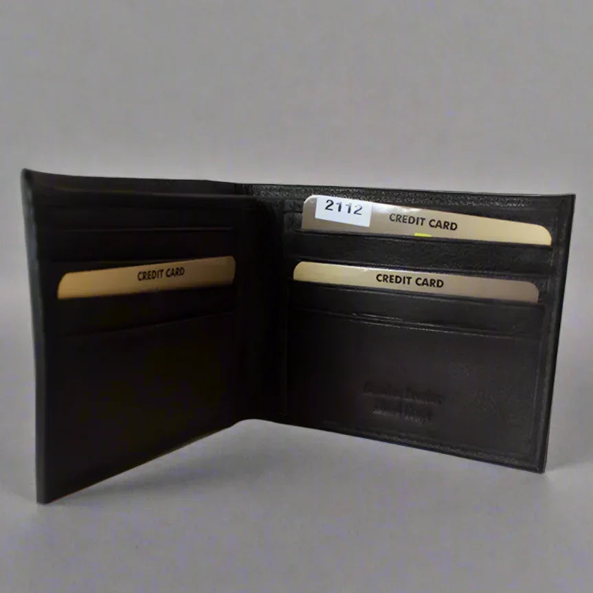 Men's bifold leather wallet with multiple card slots on a plain background