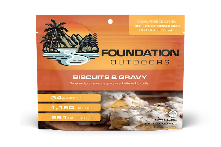 Foundation Outdoors Biscuits and Sausage Gravy Freeze Dried Meal for camping, backpacking, hunting and emergency food