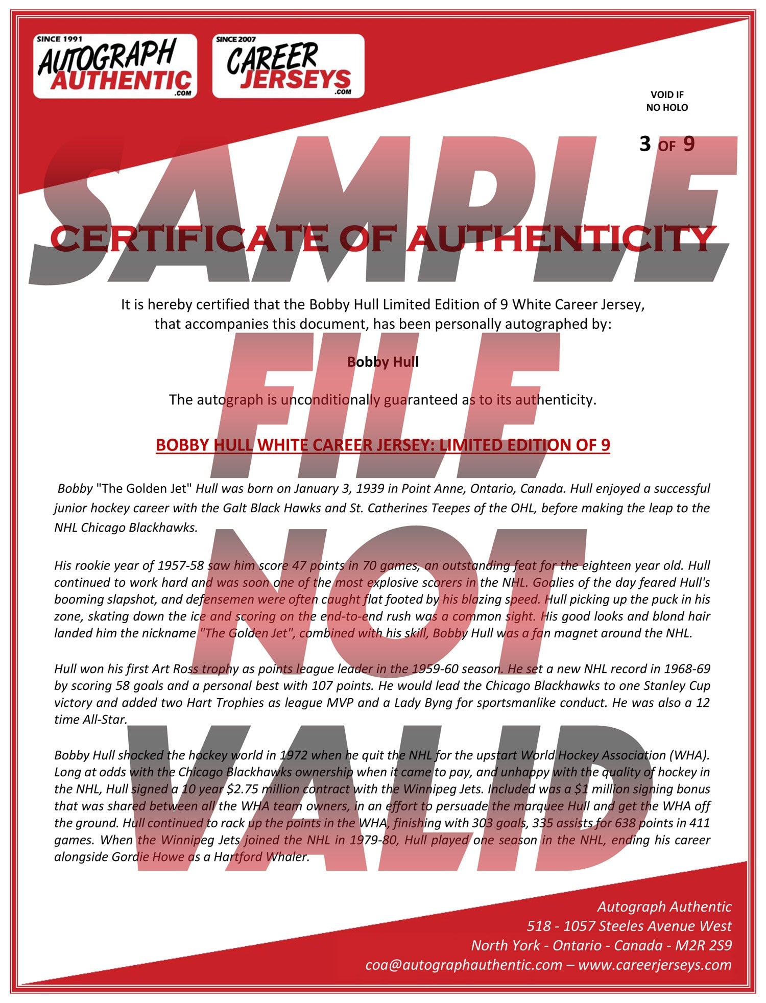 BOBBY HULL RED CAREER JERSEY #9 OF 399  - AUTOGRAPHED - CHICAGO BLACKHAWKS