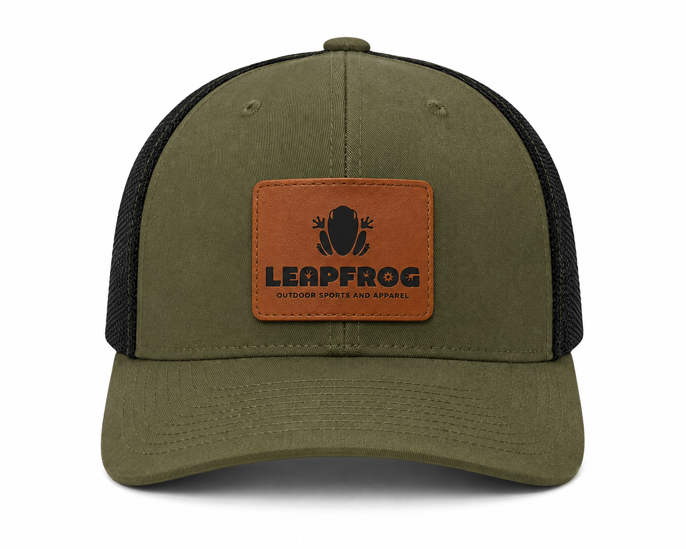 Leapfrog Front Runner Trucker Hat with olive green front panels, black stretch mesh back, and engraved leather Leapfrog logo patch