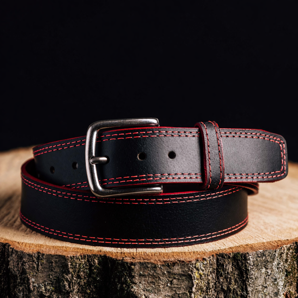 Nab Leather The Diablo Belt - Black Full Grain Leather Belt with Red Stitches