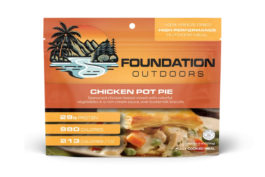 Foundation Outdoors Chicken Pot Pie Freeze Dried Meal with 995 calories for camping backpacking and hunting