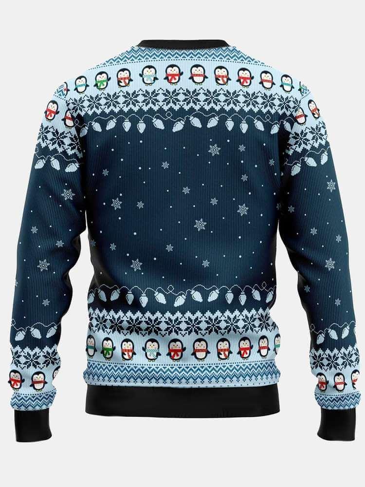 Back of navy blue Christmas sweater with cute penguins, snowflakes, and festive light designs