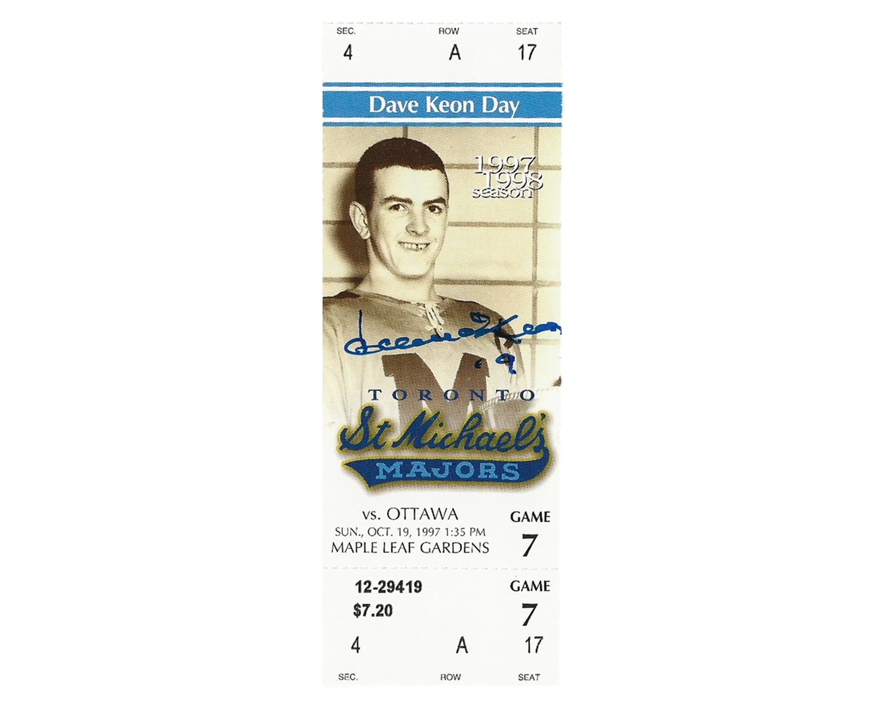 Toronto St. Michael's Majors souvenir ticket, Dave Keon Day, 1997-1998 season