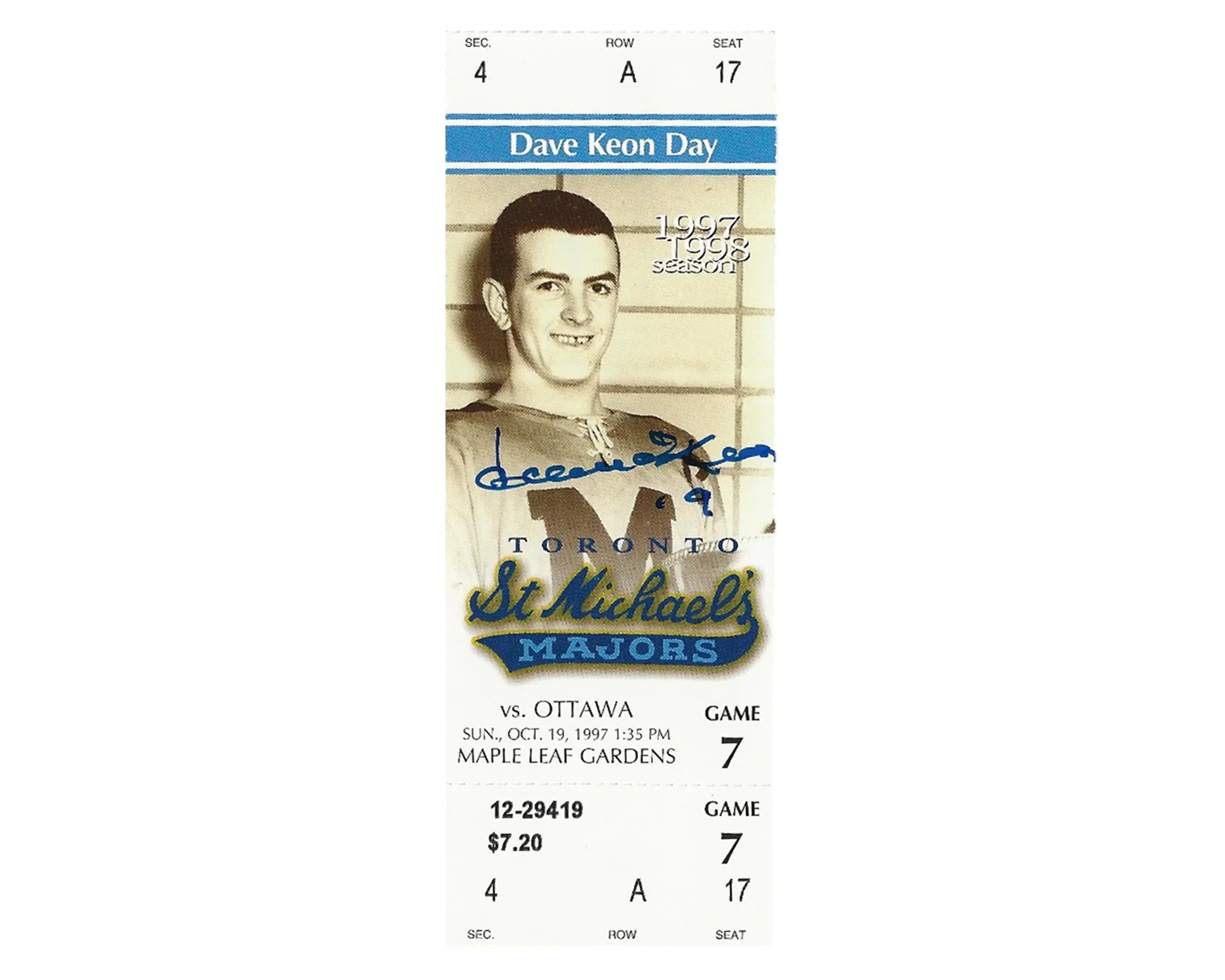 Dave Keon Autographed St. Michael's Majors Retirement Night Ticket Stub