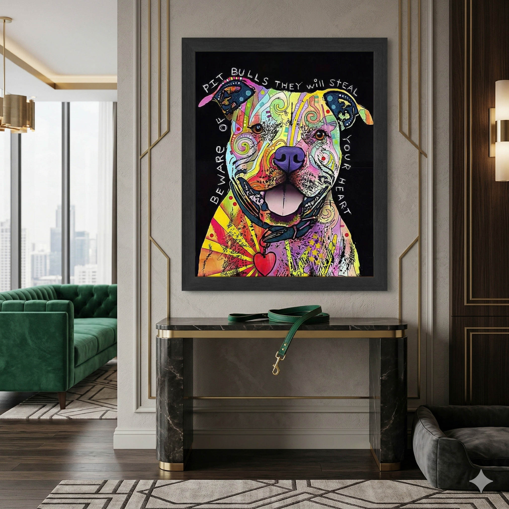 "BEWARE OF PITBULLS" FRAMED DOG ART PRINT BY DEAN RUSSO (29" BY 24")