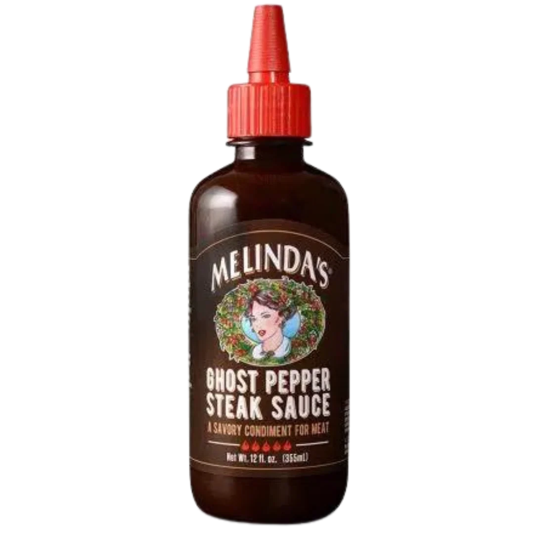 Melinda's Ghost Pepper Steak Sauce made with Bhut Jolokia ghost peppers for steaks, roasts and marinades