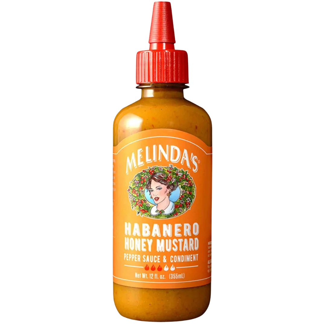 Melinda's Habanero Honey Mustard Sauce made with real honey, mustard and habanero peppers for dipping and grilling