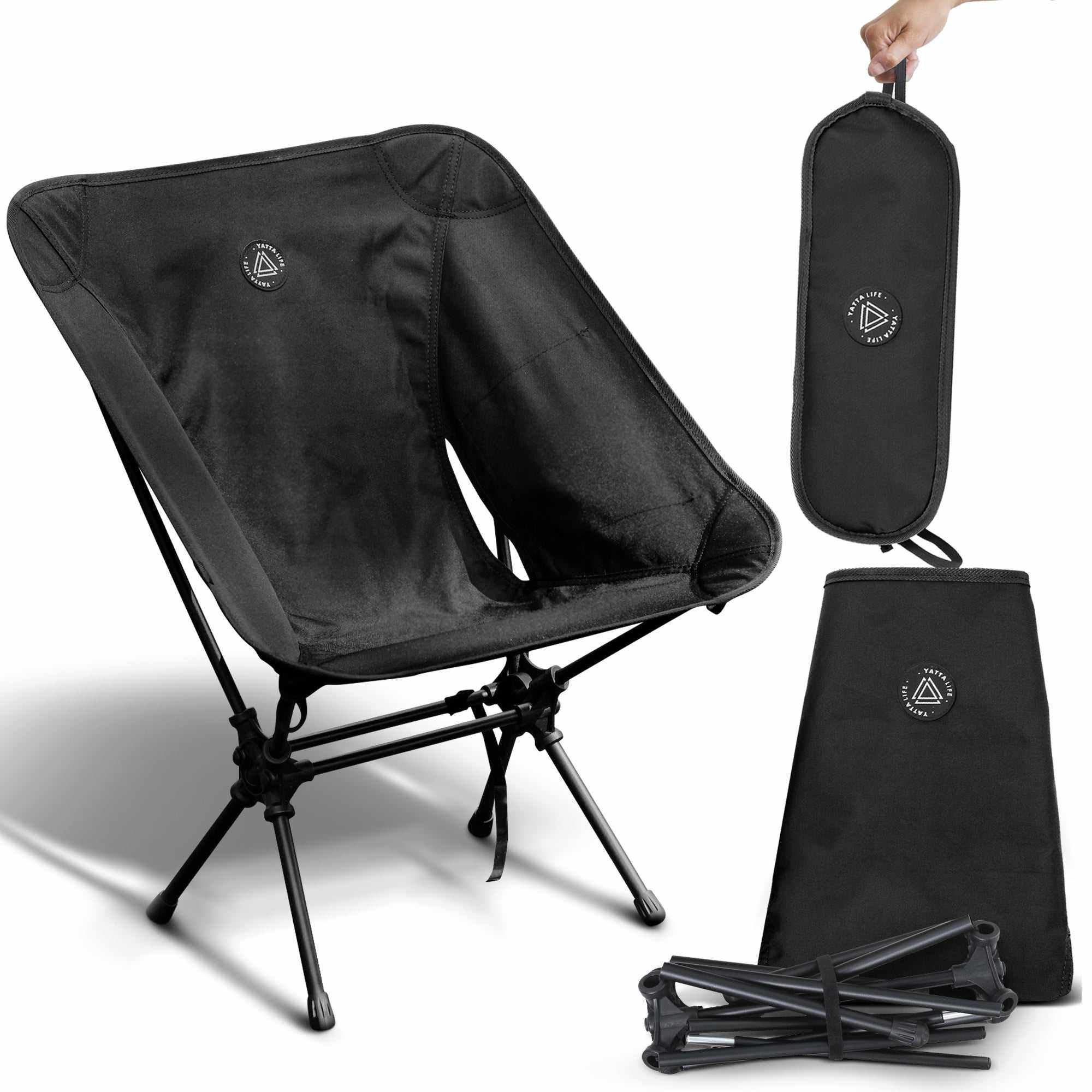 YATTA Low Back Ultralight Folding Camping Chairs With Storage Pouch - Black