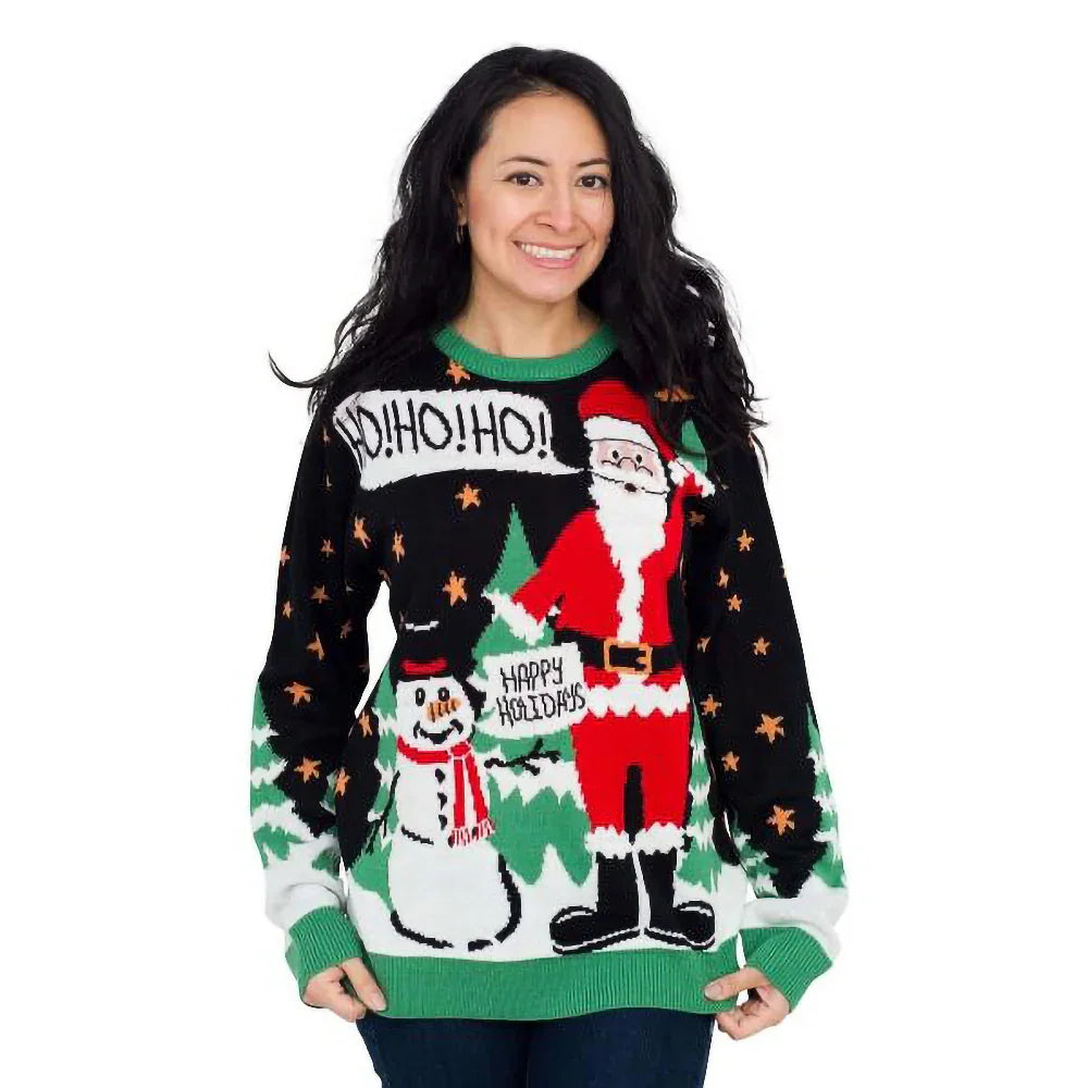 Woman in a Christmas sweater with Santa, snowman, stars, and 'Ho! Ho! Ho!' text