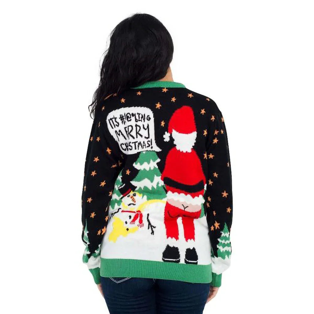 Woman wearing black ugly Christmas sweater with Santa, snowman, and 'It's #@!%ing Merry Christmas!' text