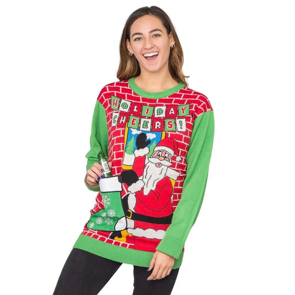 Woman wearing Holiday Cheers Santa ugly Christmas sweater with beer holder pocket
