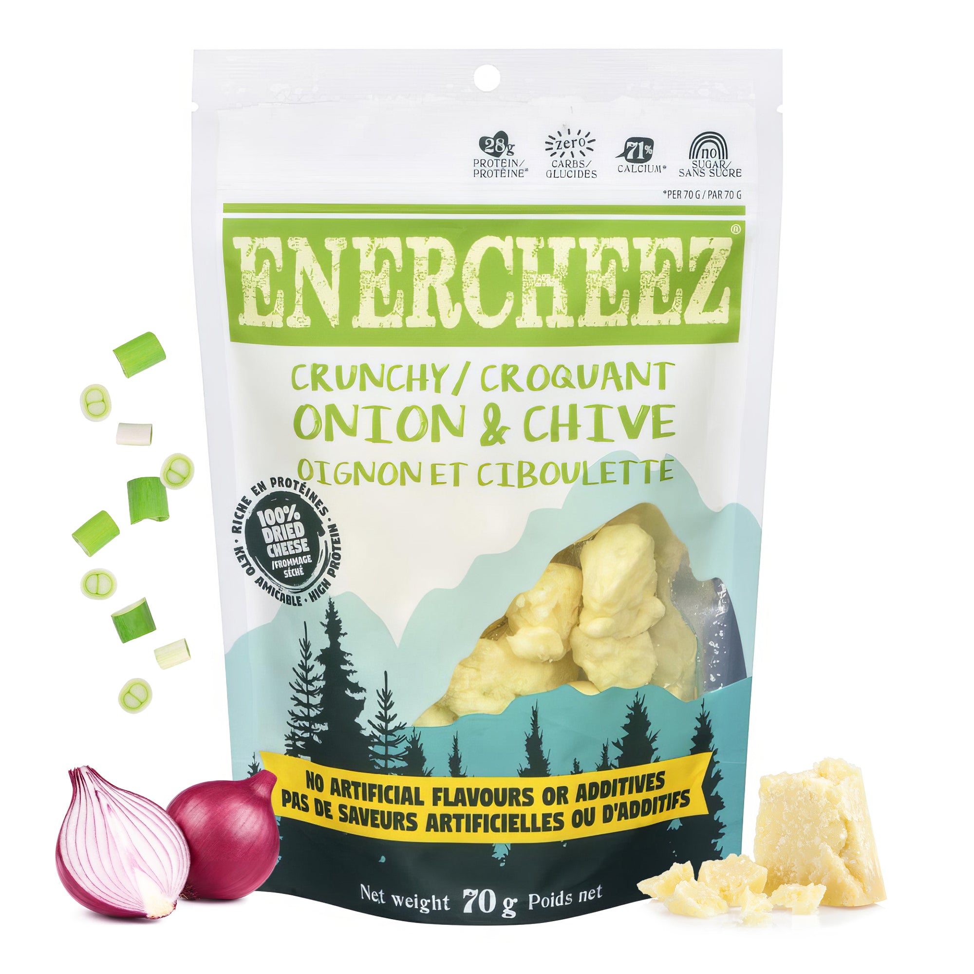 Enercheez Onion and Chive crunchy artisan cheddar cheese snack made in British Columbia Canada