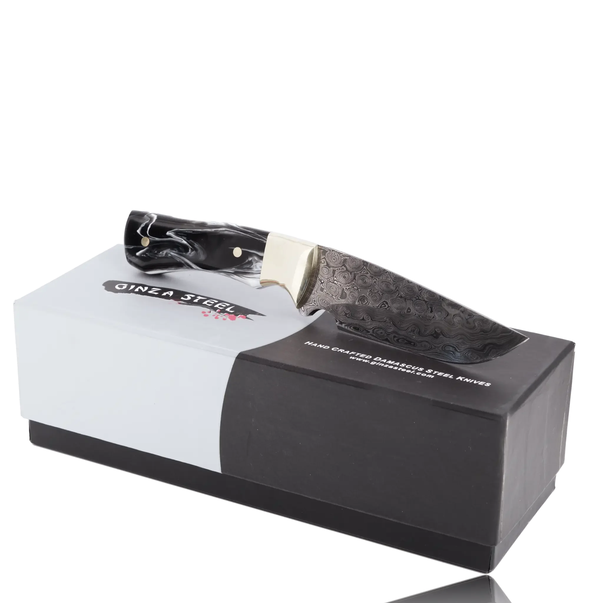 Ginza Steel Kaito Damascus Steel Skinner Knife 4 inch blade with Original Leather Sheath