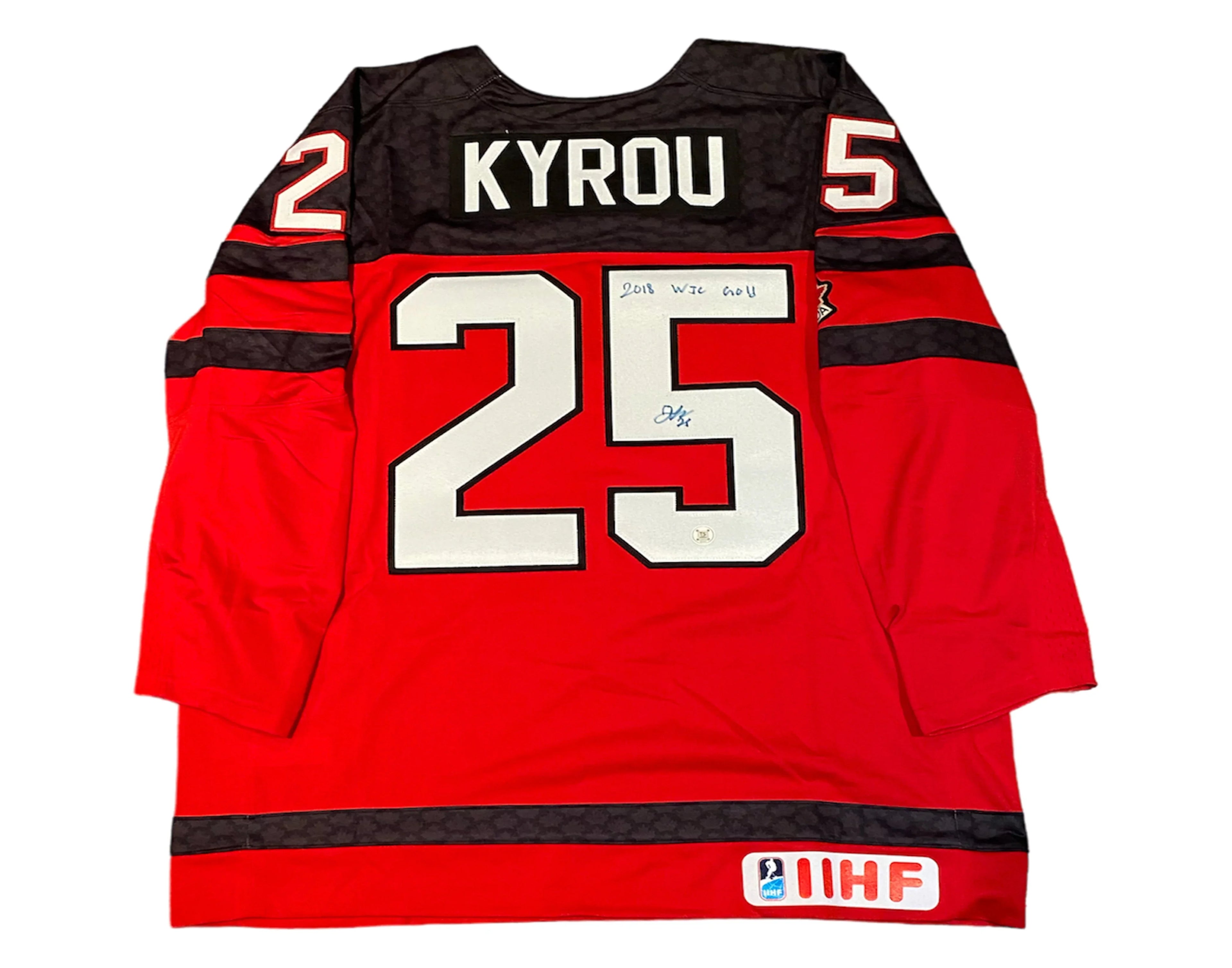 Jordan Kyrou Autographed Team Canada Home Red Nike Jersey Inscribed '2018 WJC Gold'