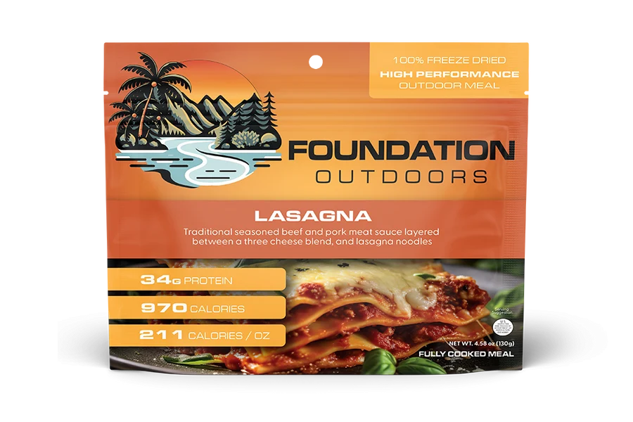 Foundation Outdoors Beef and Pork Lasagna Freeze Dried Meal for camping, backpacking, hunting and emergency food