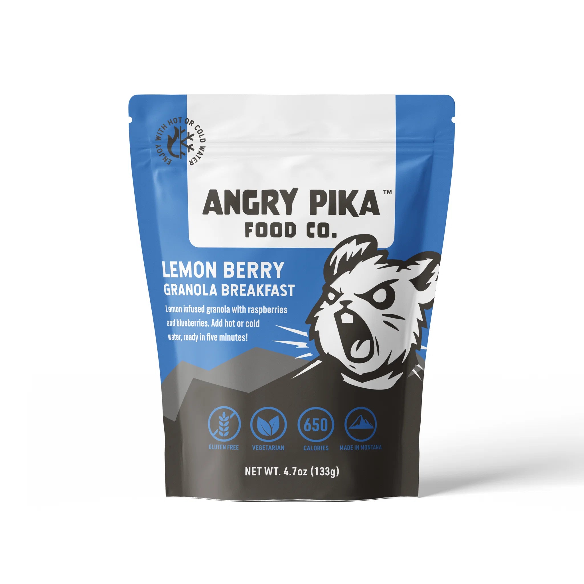 Angry Pika Lemon Berry Granola backpacking breakfast with raspberries, blueberries and lemon zest made in Montana
