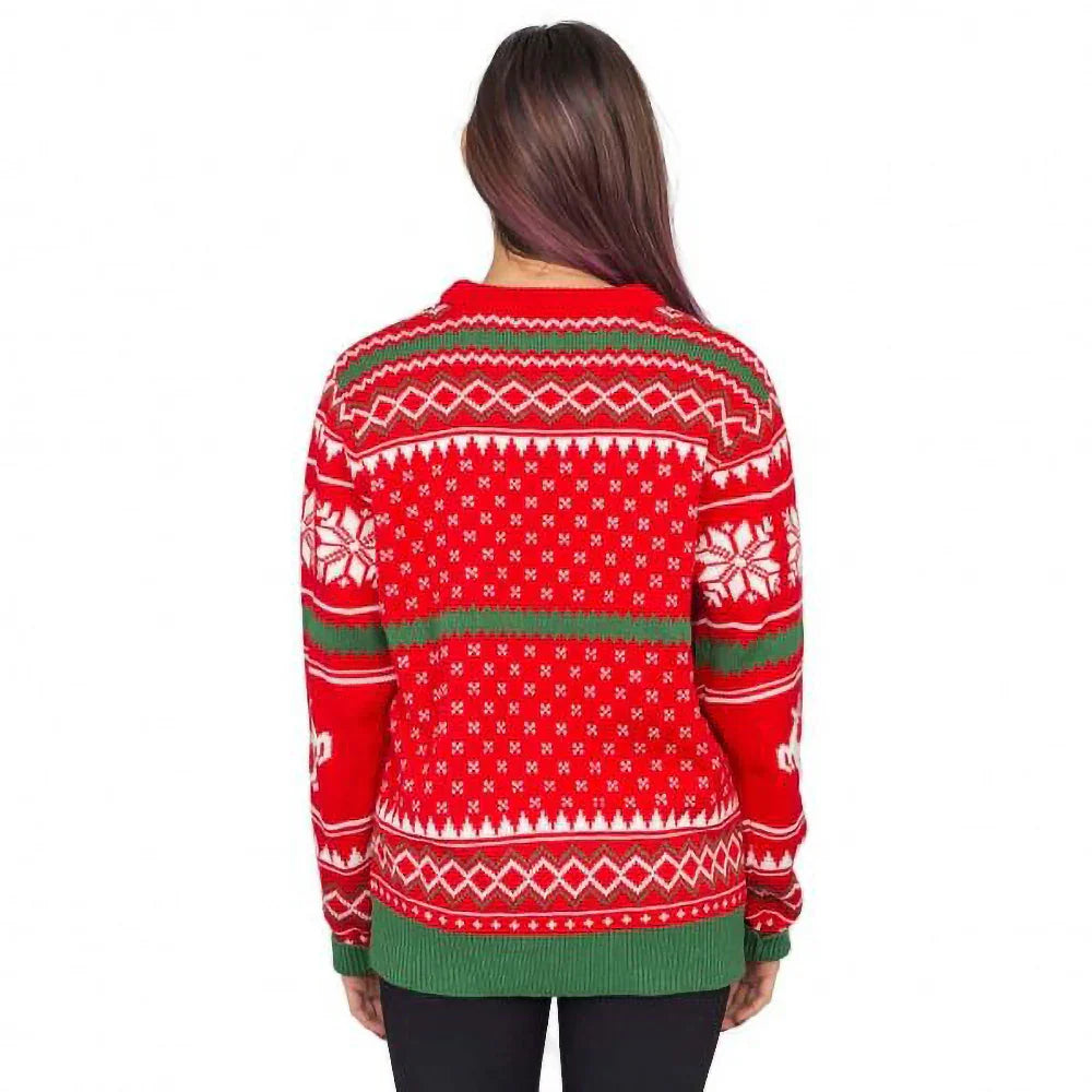 Back view of red ugly Christmas sweater with snowflake and reindeer patterns, green accents.