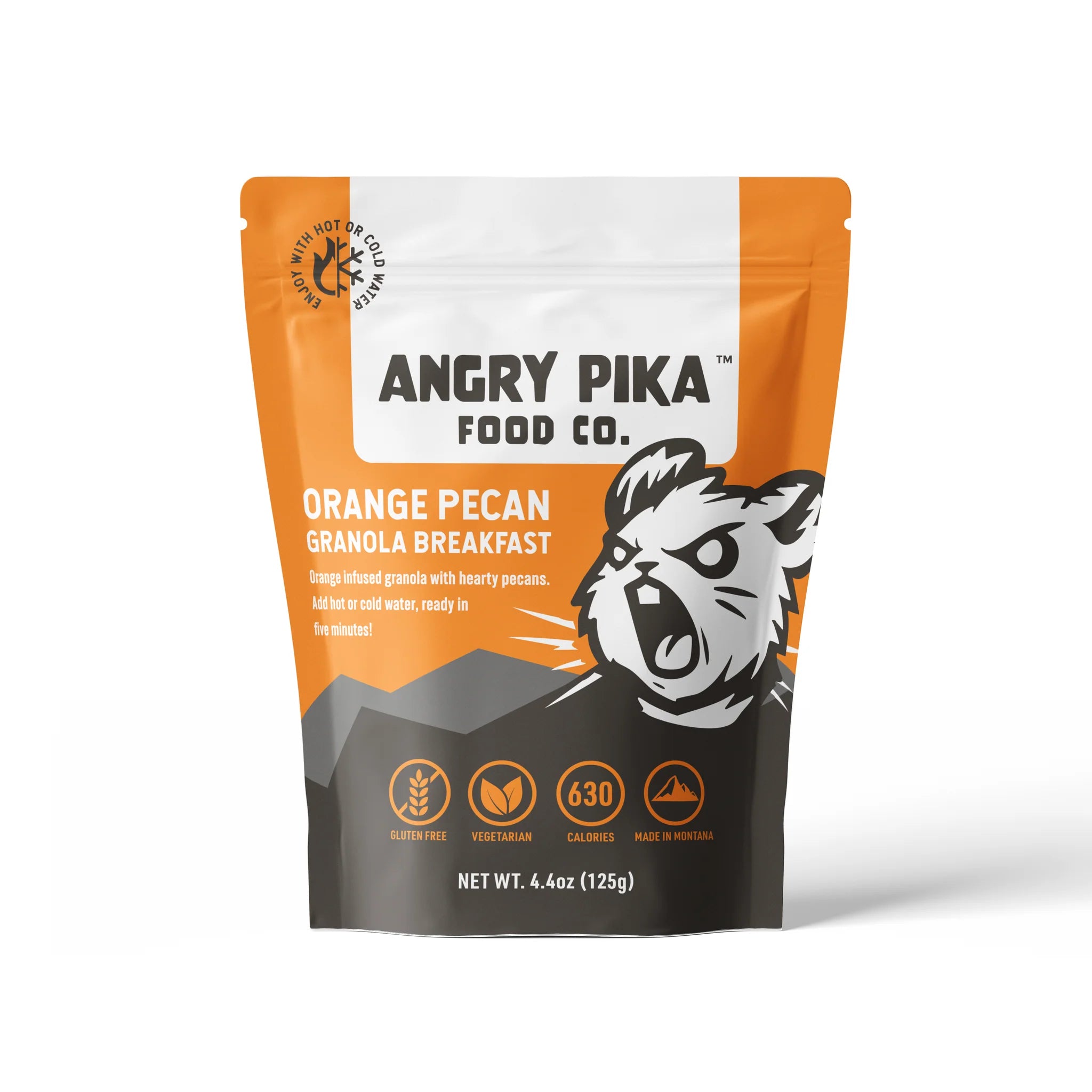Angry Pika Orange Pecan Granola backpacking breakfast with fresh orange zest and pecans made in Montana
