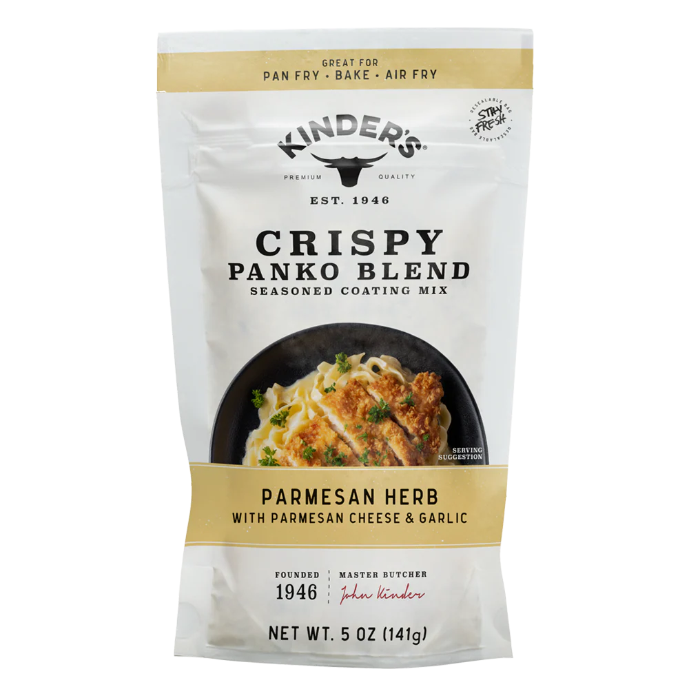 Package of Kinder's Crispy Panko Blend with parmesan herb flavor on a white background
