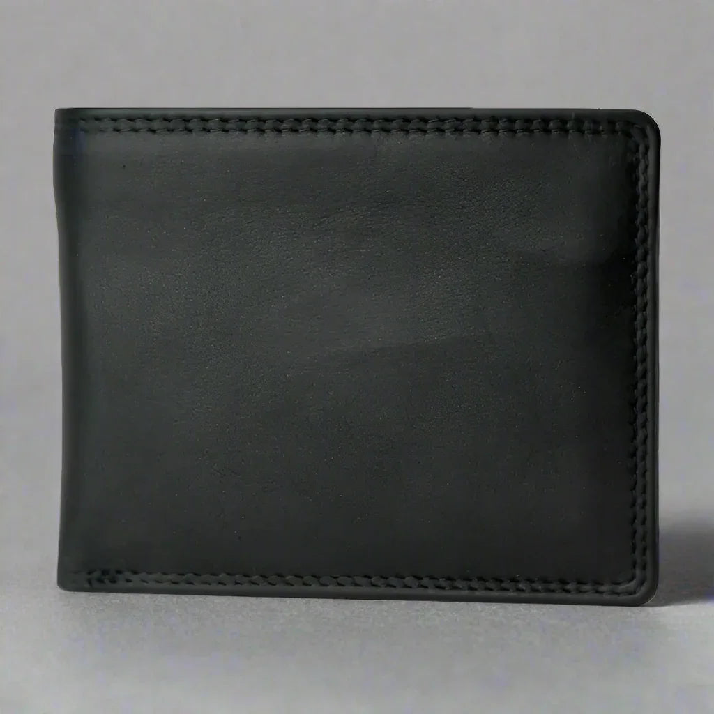 Men's black bifold leather wallet on a gray background