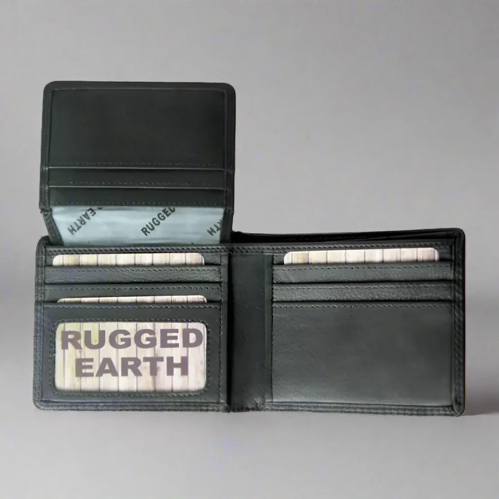 Rugged Earth men's bifold black leather wallet with card slots and ID window