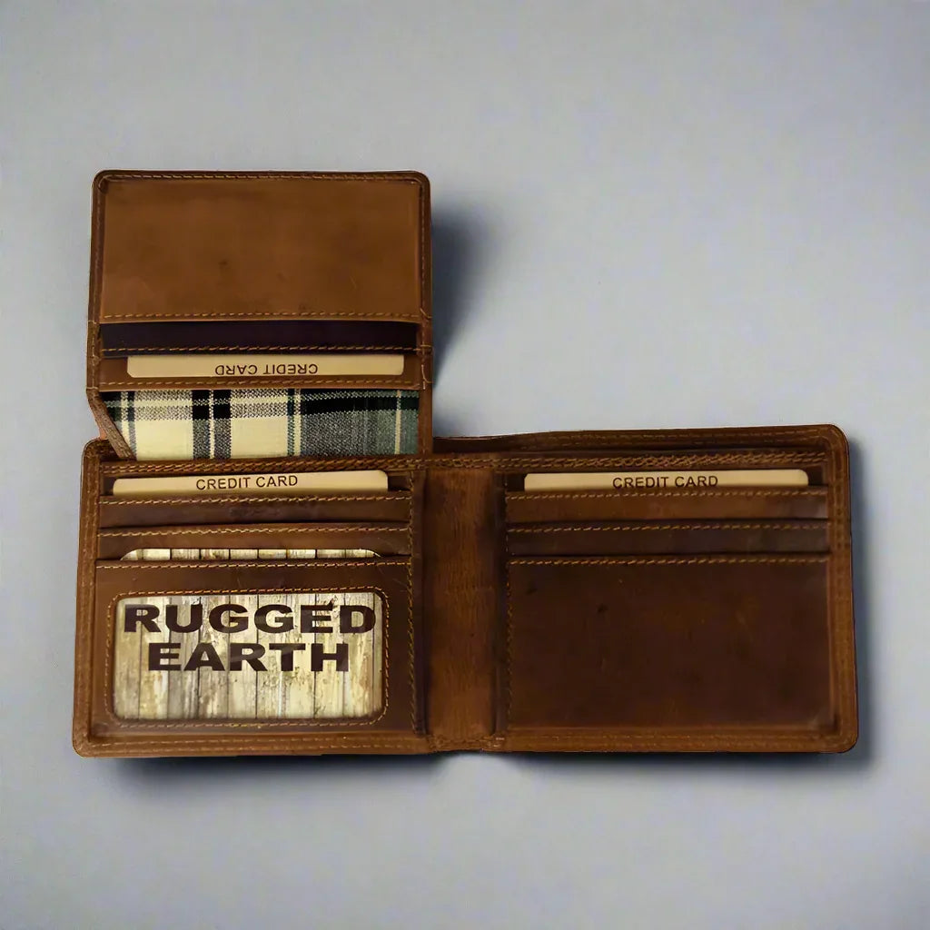 Rugged Earth men's brown bifold leather wallet with credit card slots and plaid lining