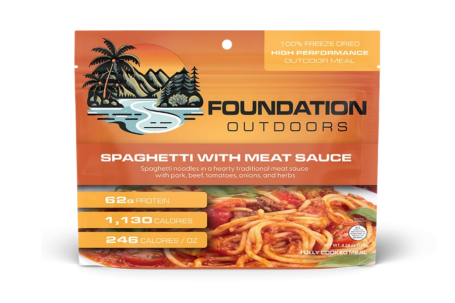 Foundation Outdoors Spaghetti with Meat Sauce Freeze Dried Meal for camping, backpacking, hunting, and emergency food